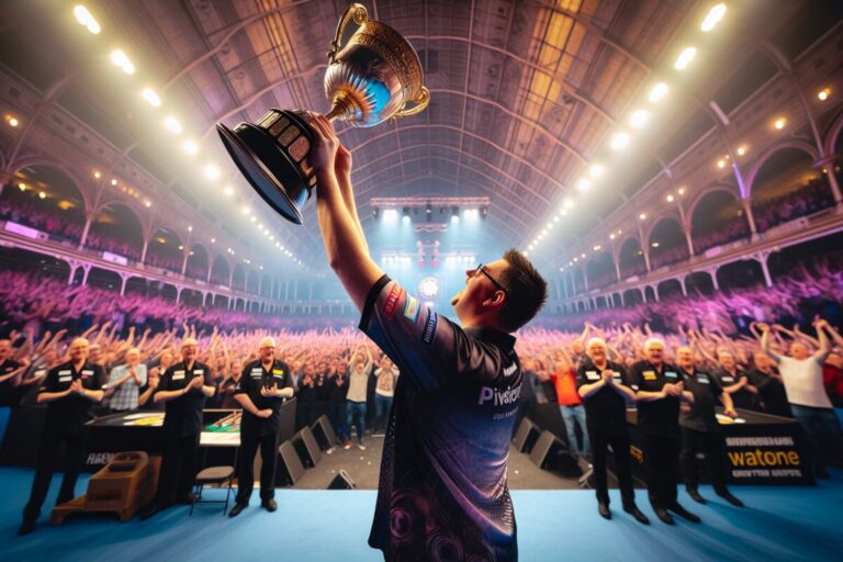 Luke Littler célébrant sa victoire au championnat du monde de fléchettes 2026.