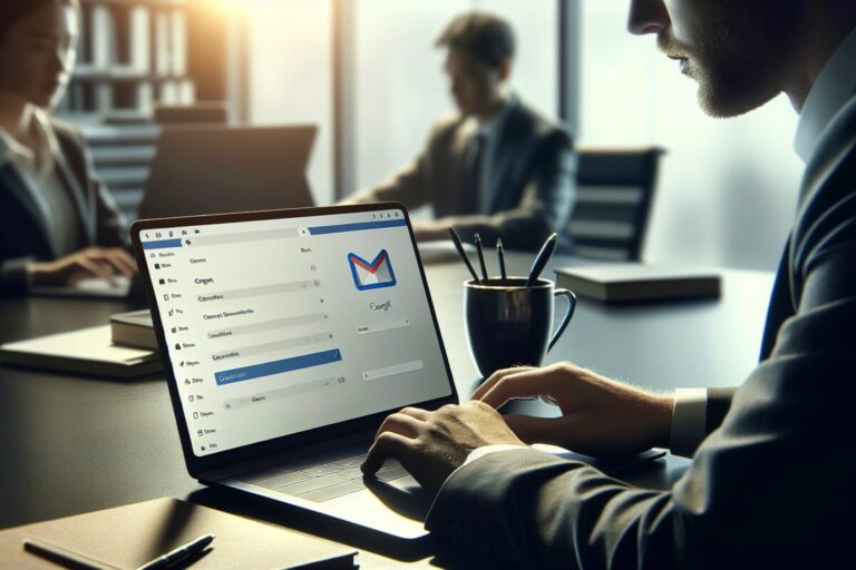 Personne utilisant un ordinateur portable avec l'interface Gmail ouverte sur les paramètres d'e-mail.