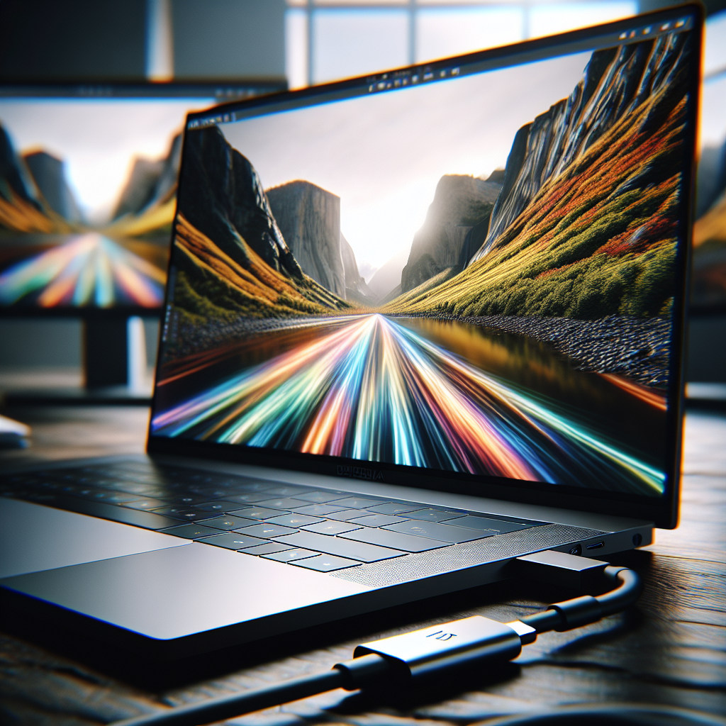 Câble USB-C connecté à un ordinateur portable avec trois écrans 4K.