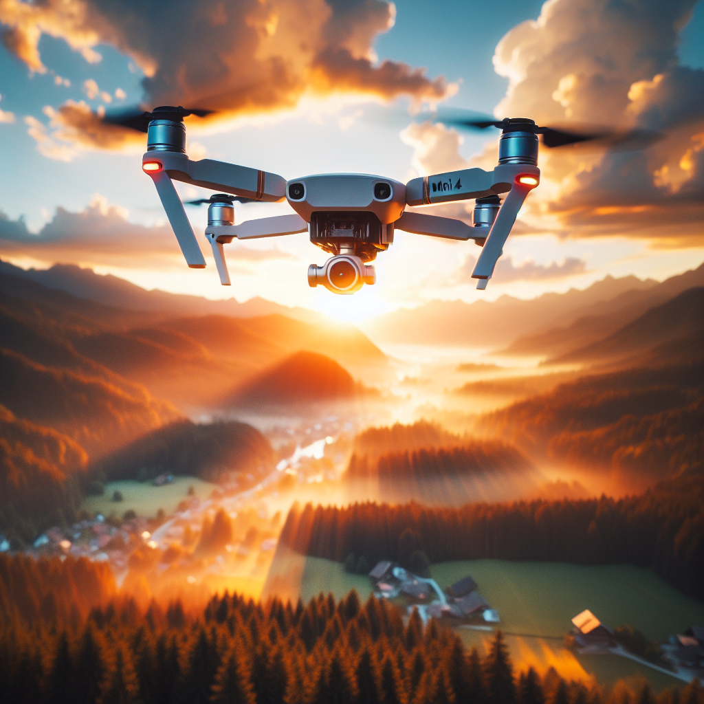 DJI Mini 4 Pro survolant un paysage au coucher du soleil