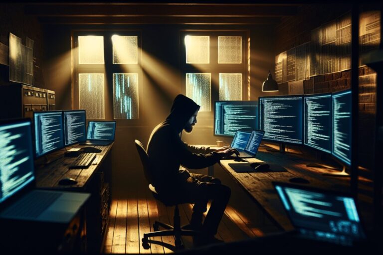 Un hacker en train de taper sur un ordinateur portable dans une pièce sombre.