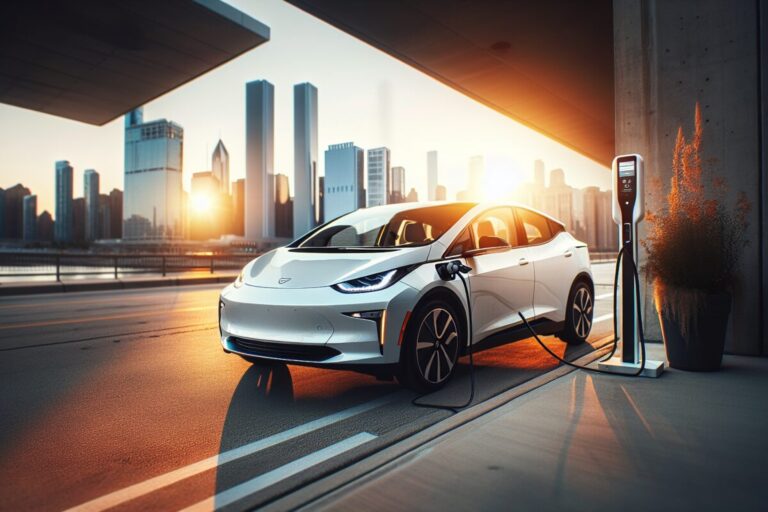 Voiture électrique garée à l'ombre avec un câble de recharge branché.