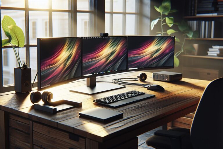 Moniteur portable triple affichant trois écrans 4K connectés par un câble USB-C.