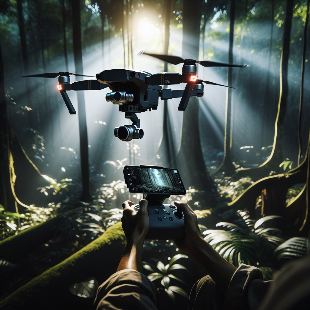 Photographe utilisant DJI Mavic 4 Pro en forêt