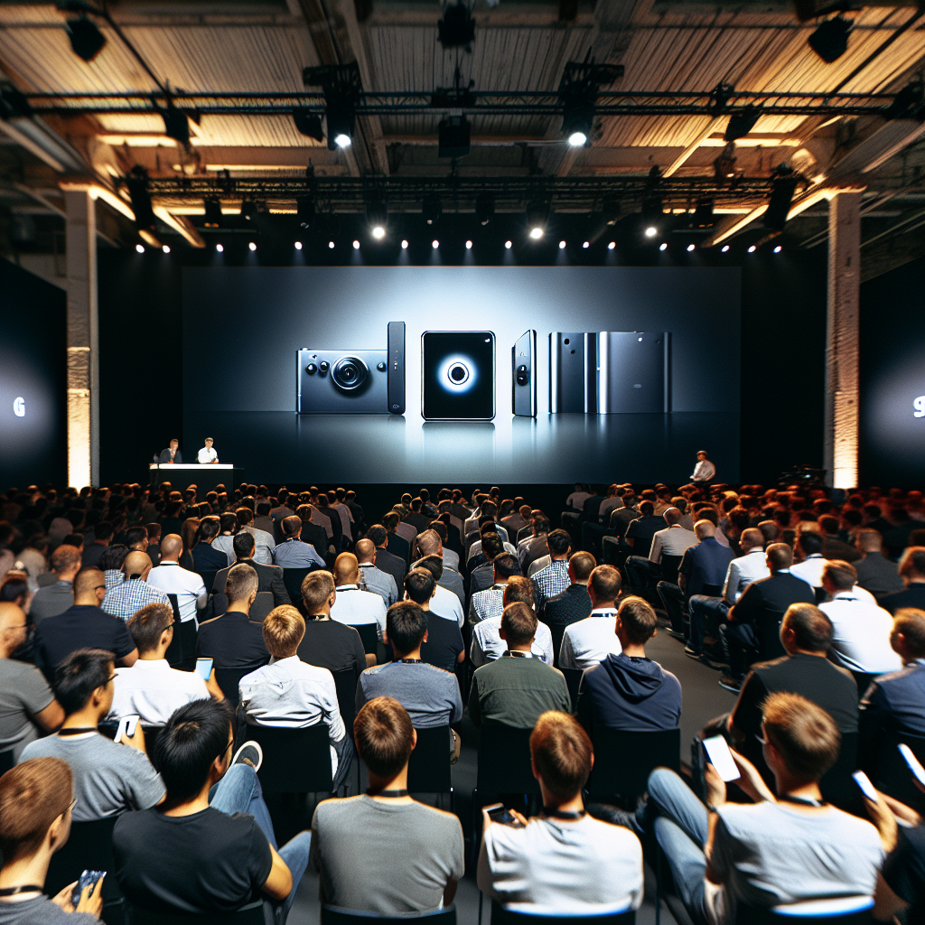 Événement de lancement technologique avec logo Samsung