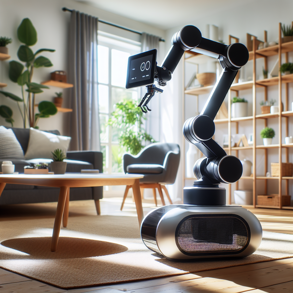 Le bras mécanique du Roborock Saros Z70 contournant des meubles.
