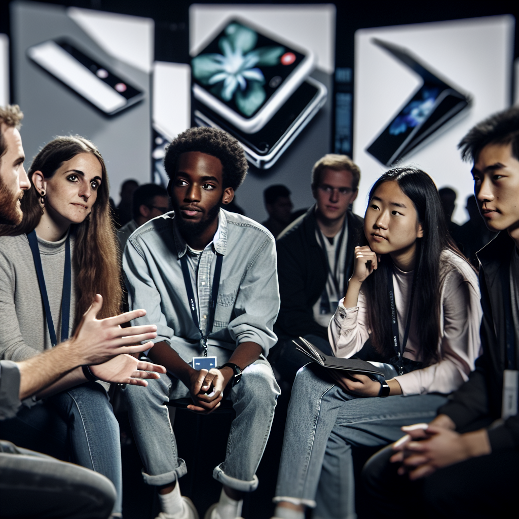 Jeunes passionnés de technologie discutant du Razr Fold.