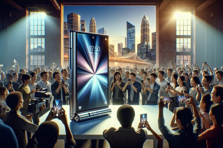 Smartphone Motorola Razr Fold avec écran déplié dans un cadre futuriste.