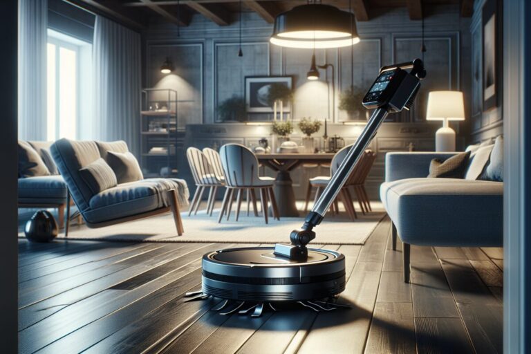 Roborock Saros Z70 en action dans un salon moderne.