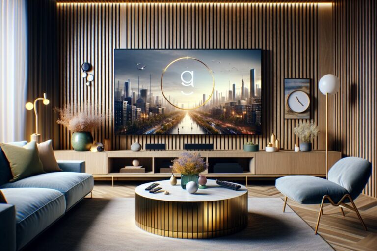 Salon moderne avec une télévision affichant l'interface Google TV et le logo Gemini.
