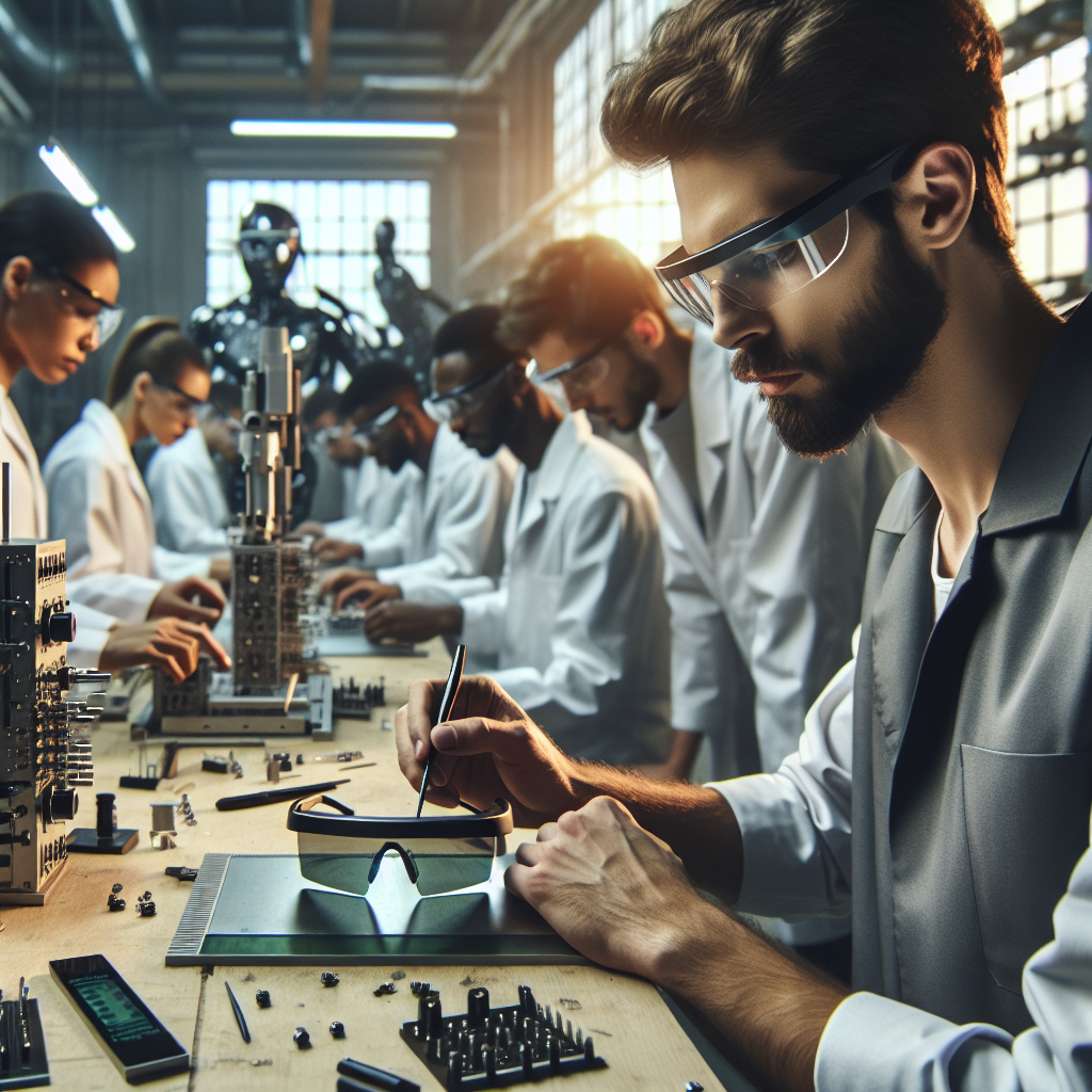 Ingénieurs assemblant les lunettes Meta Ray-Ban Display dans un atelier futuriste.