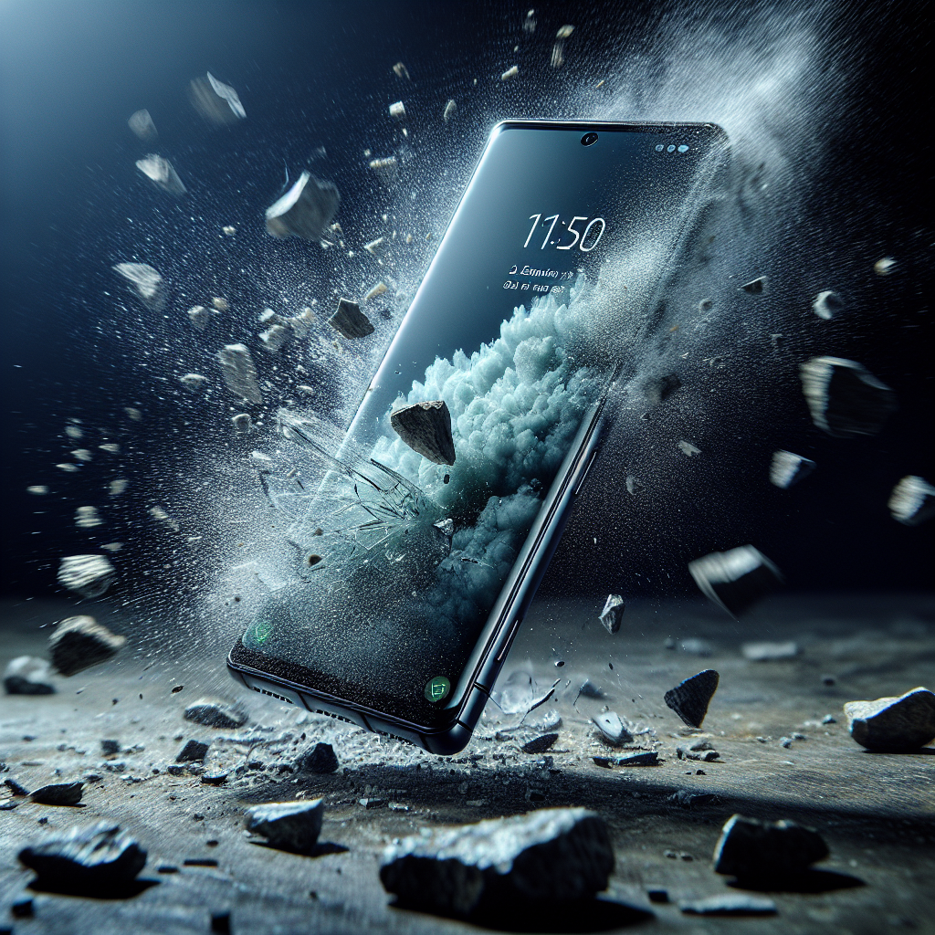 Smartphone tombé sur une surface rocheuse, démontrant sa robustesse.
