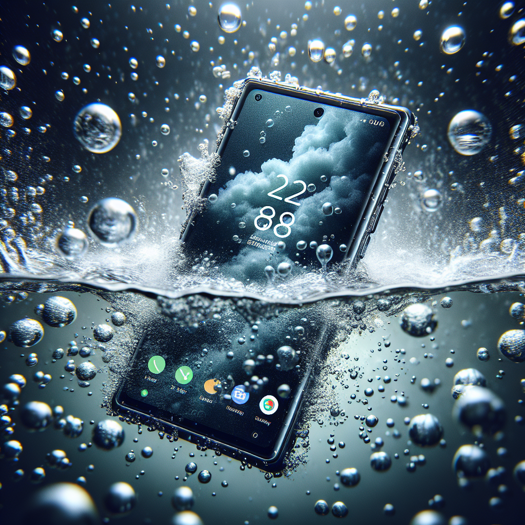 Smartphone immergé dans l'eau, illustrant sa certification IP68.