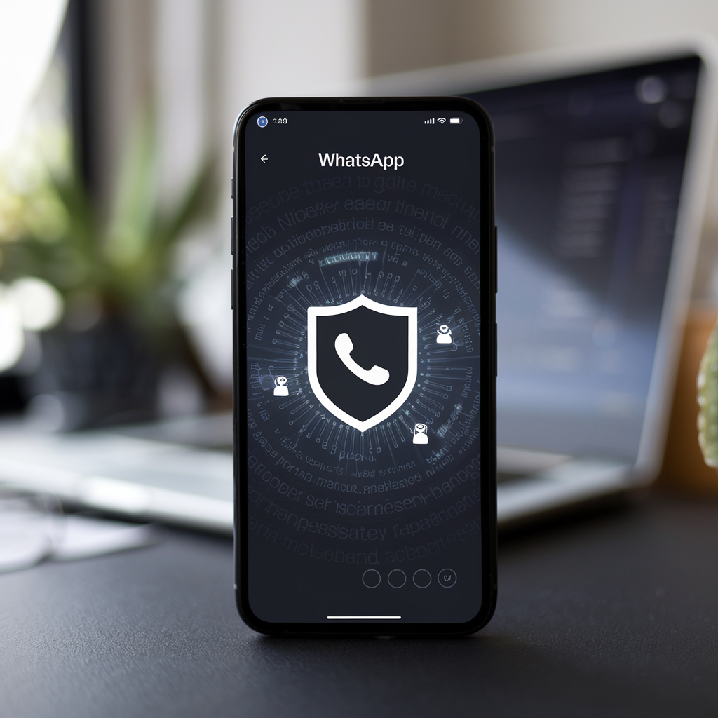 Smartphone montrant WhatsApp avec icône de bouclier.