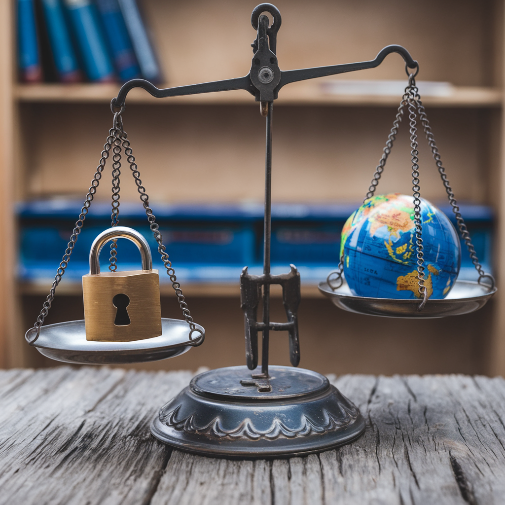 Sécurité et réseaux mondiaux. Balance avec symbole de verrou et globe.