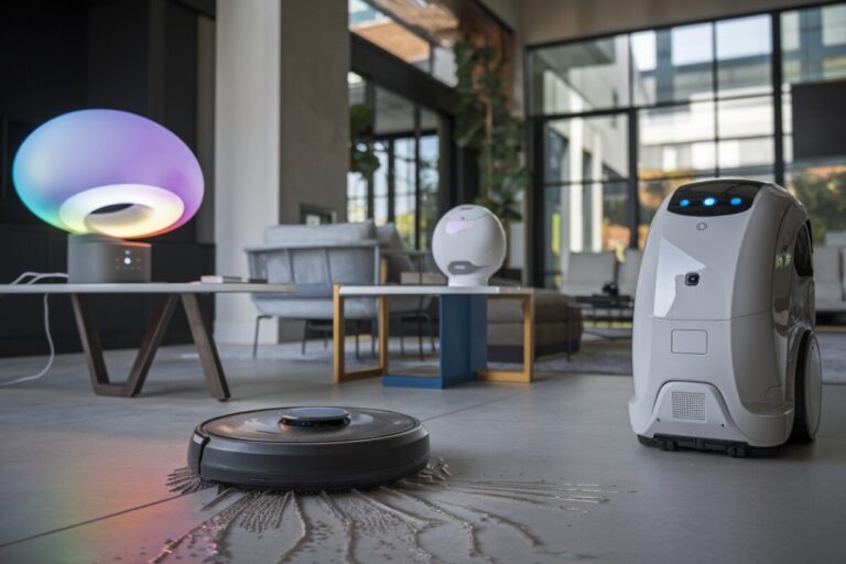 Salon futuriste avec robot humanoïde, lampe intelligente et assistant digital.