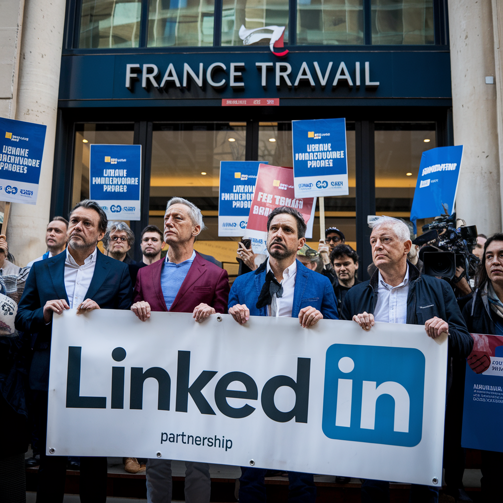 Conférence de presse des syndicats à l'extérieur d'un bureau de France Travail.