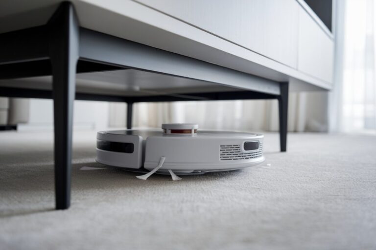 Aspirateur robot ultra-fin Dreame X60 Max Ultra sous un meuble