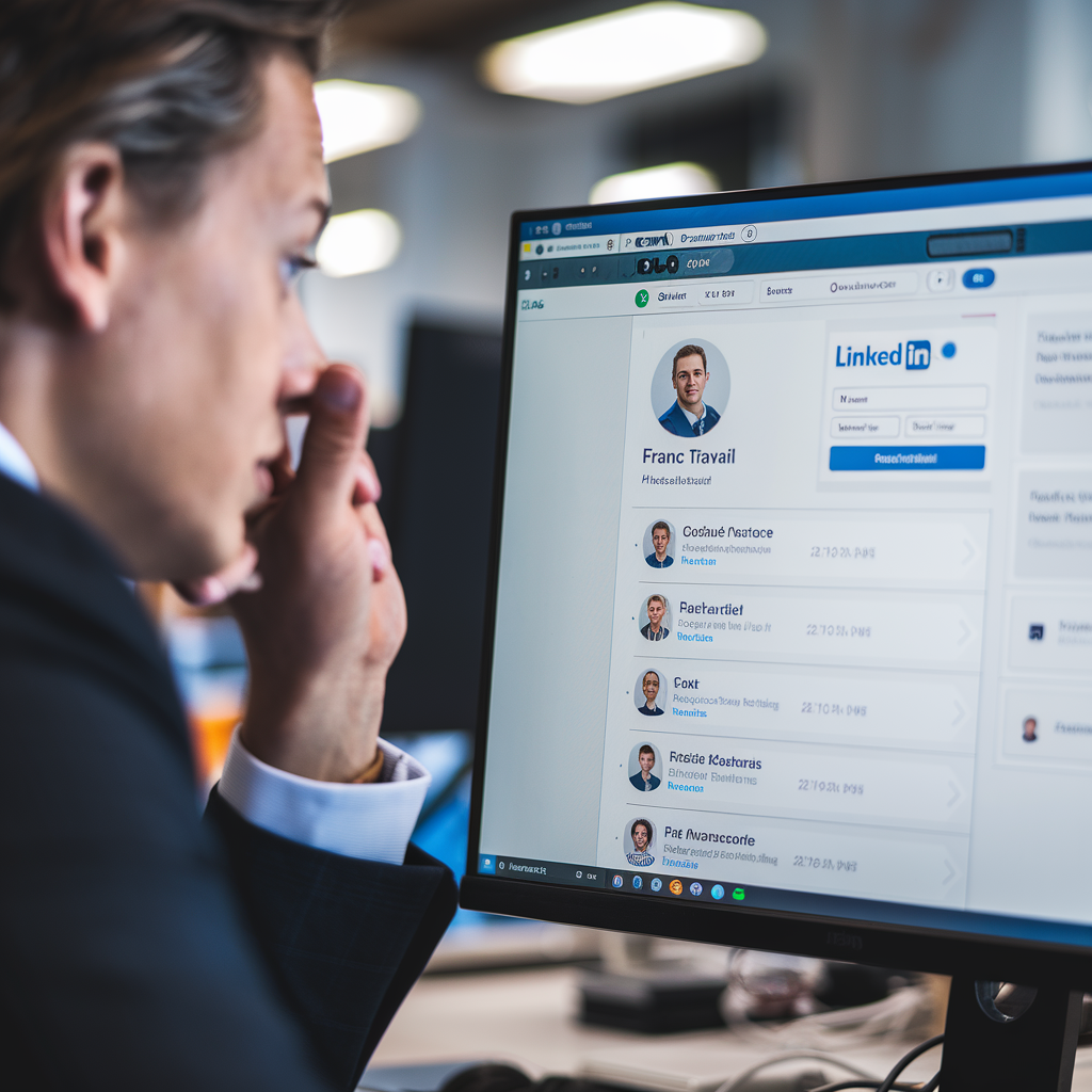 Écran d'ordinateur avec profil LinkedIn utilisé par un agent de France Travail.