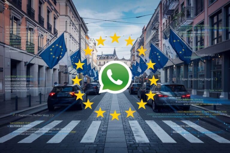 Logo WhatsApp avec des codes numériques et des drapeaux de l'UE.