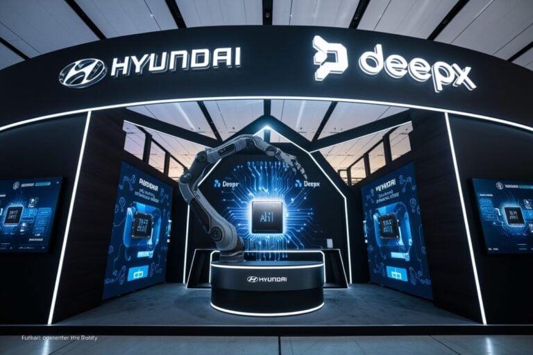 Stand d'exposition futuriste de Hyundai et DeepX au CES 2026