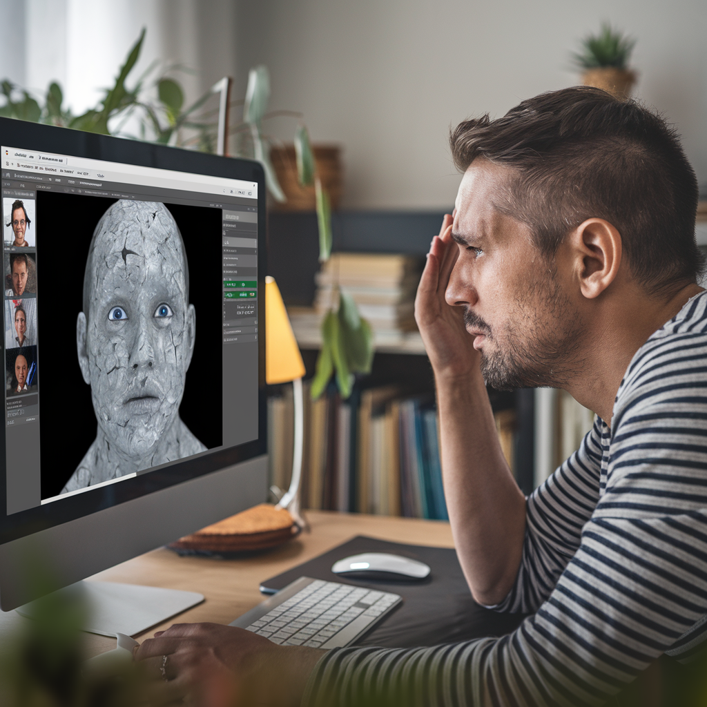 Parent inquiet regardant un écran d'ordinateur avec une image deepfake.