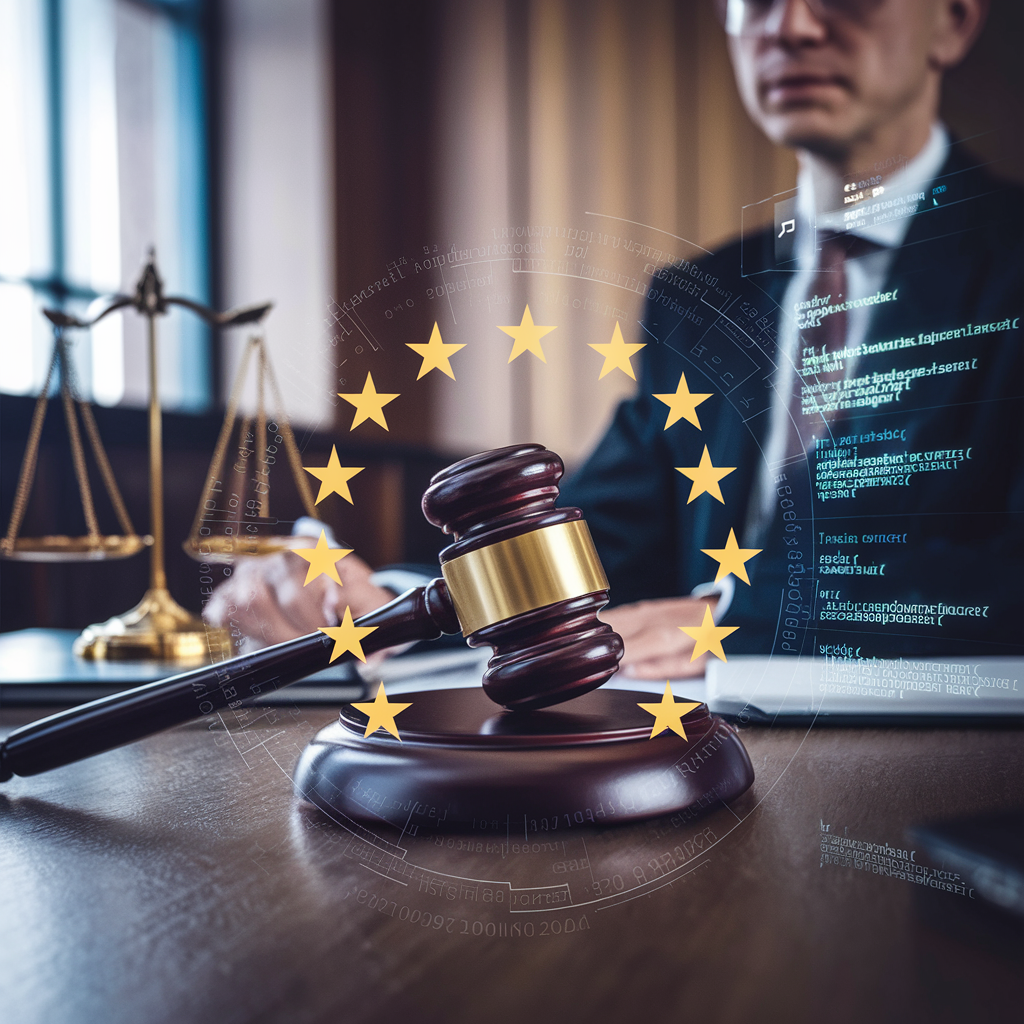 Salle de tribunal avec symboles de l'UE et marteau de juge. Salle de tribunal avec symboles de l'UE et marteau de juge.