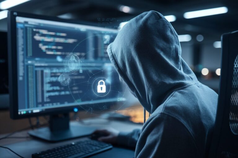 Illustration d'un pirate informatique infiltrant un système numérique.