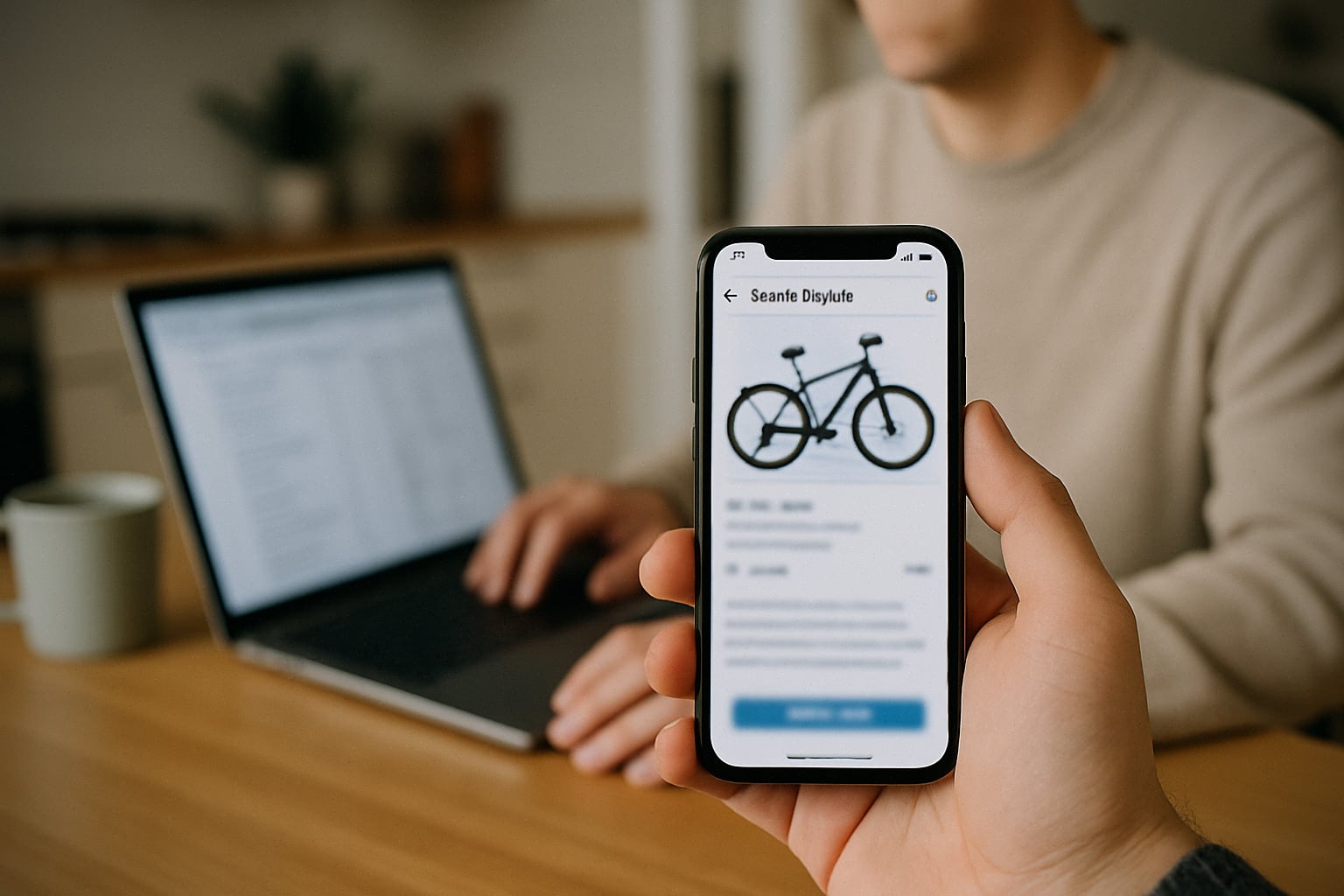 Acheteur comparant un vélo électrique sur Amazon, avis et fiche produit.