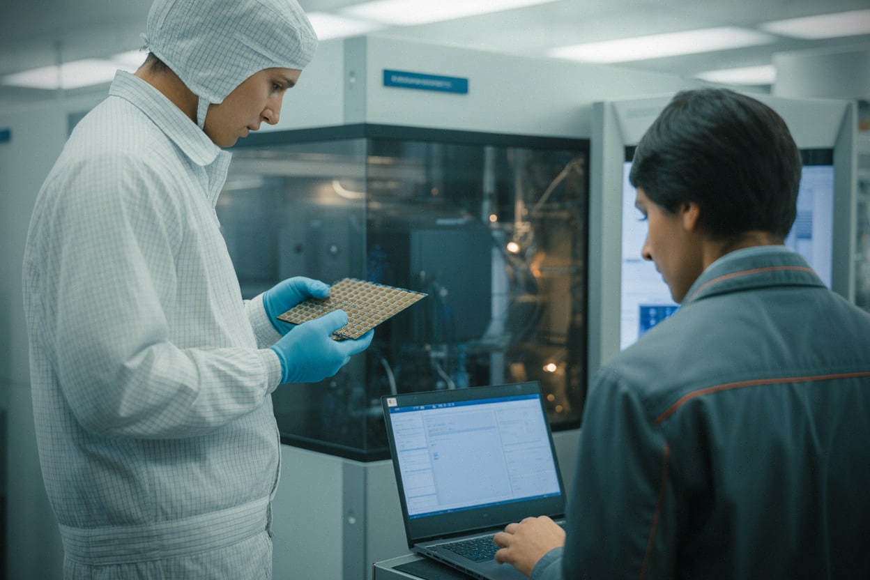 Technicien inspectant une wafer dans une usine de semi-conducteurs moderne
