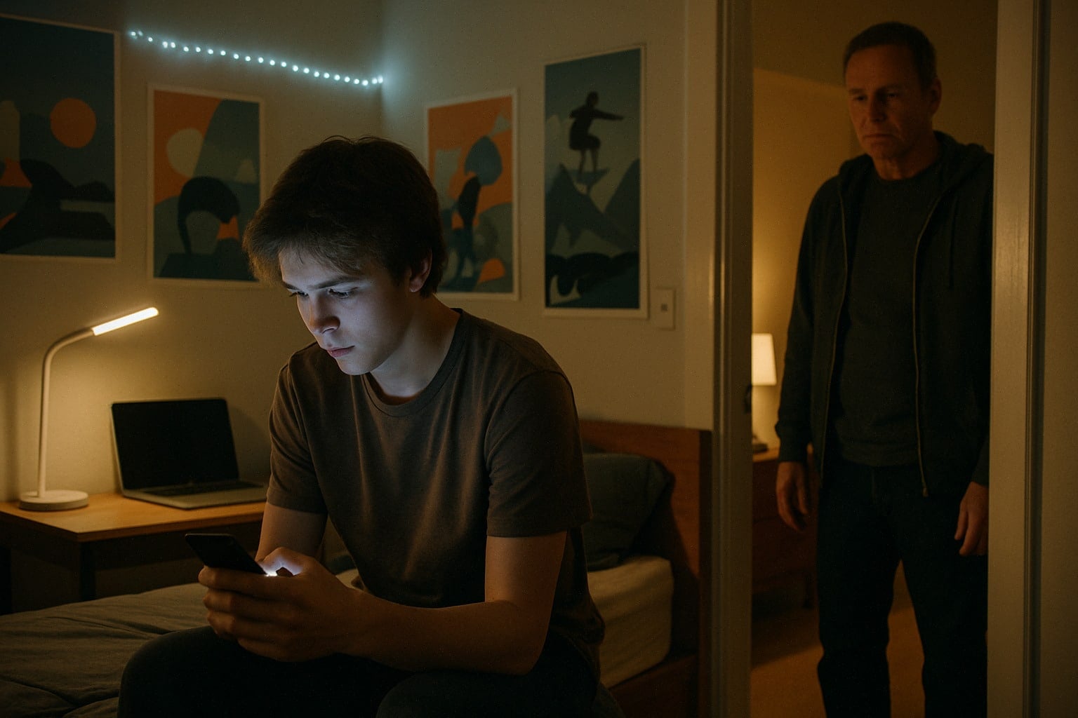 Adolescent sur smartphone, parent inquiet, question de santé mentale