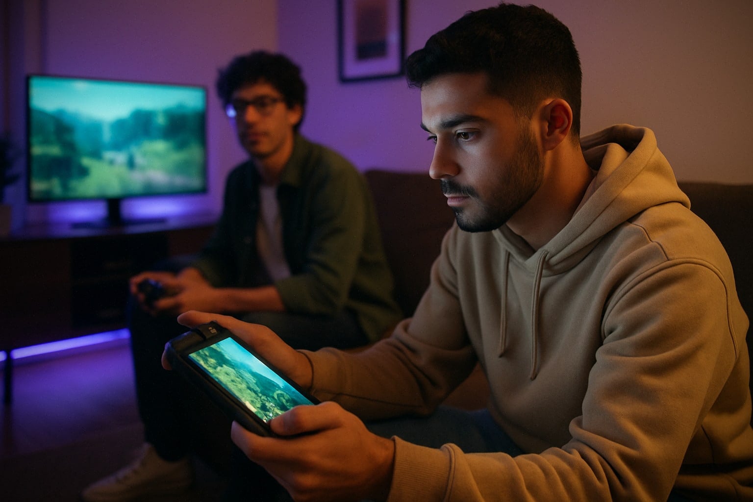 Utilisation de la Switch 2 en mode portable sur canapé moderne