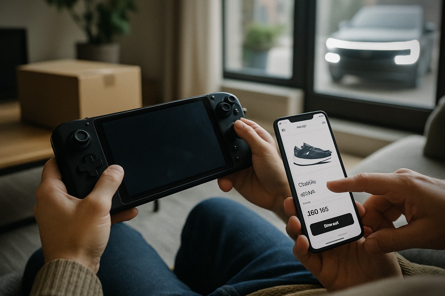 Acheteur vérifiant le prix Switch 2 sur Amazon avant commande