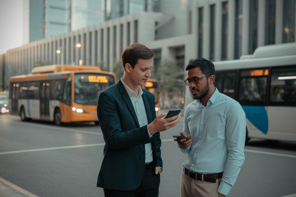 Responsables locaux évaluant des services d’IA sur smartphone en ville