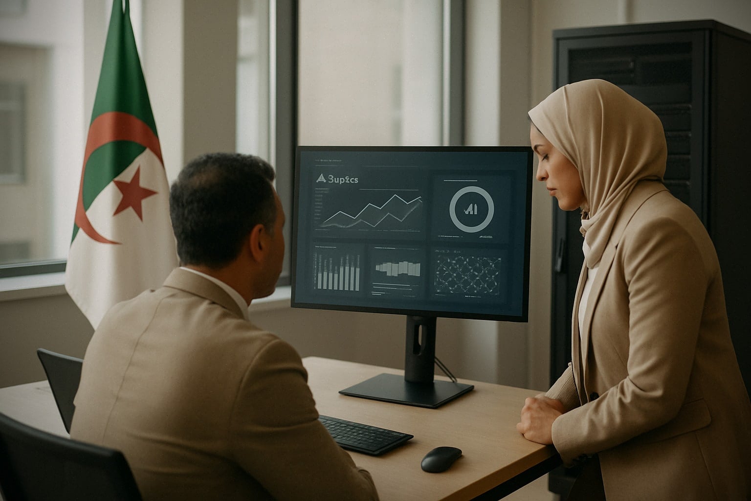 Fonctionnaires algériens travaillant sur un projet d’intelligence artificielle au bureau