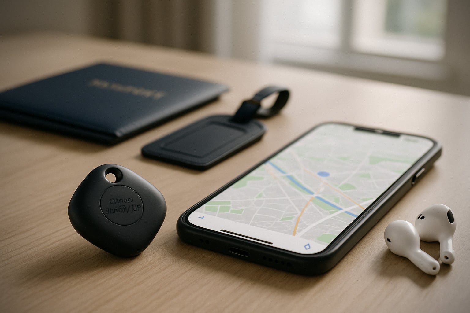 SmartTag 2 sur bureau de voyage, suivi via smartphone Galaxy