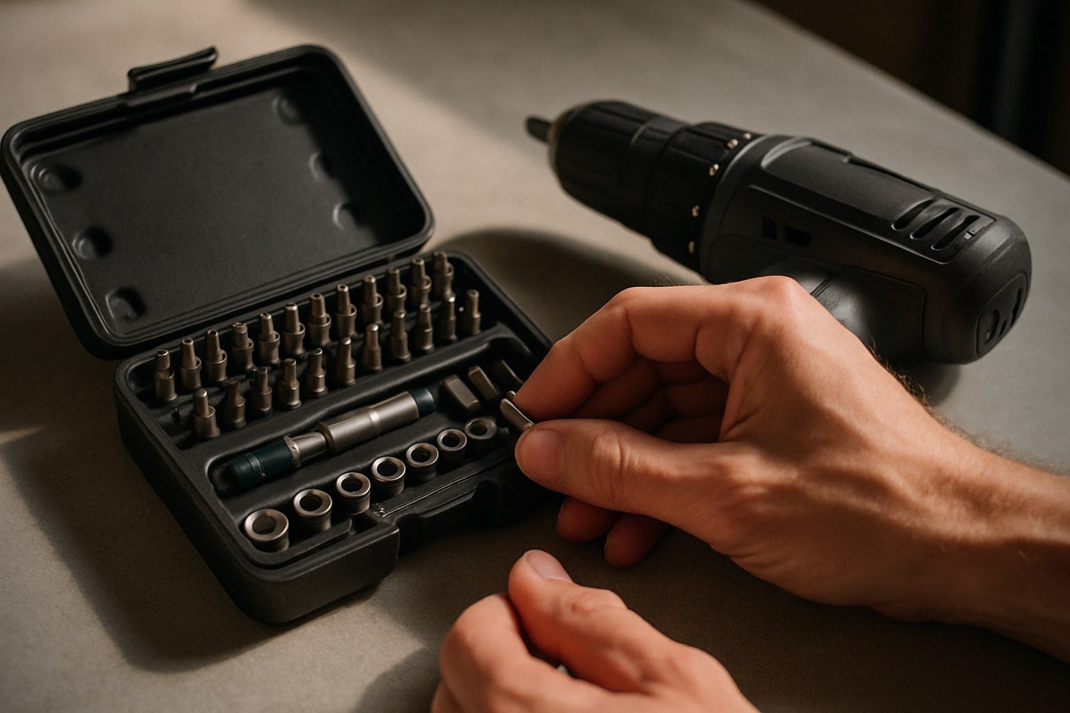 Coffret d’outils ouvert avec embouts et douilles sur établi moderne