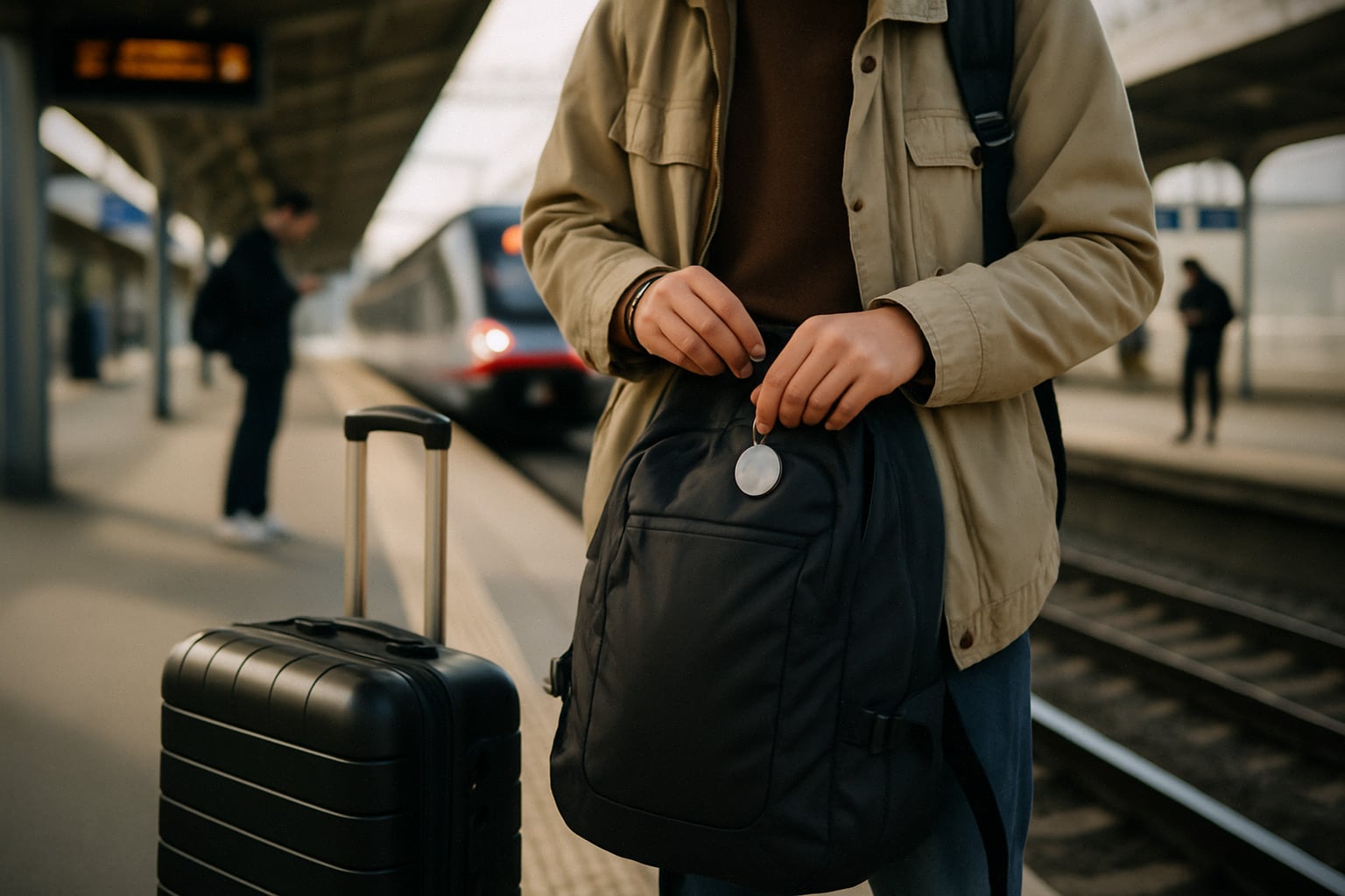 Voyageur équipe son sac d’un SmartTag 2 en gare