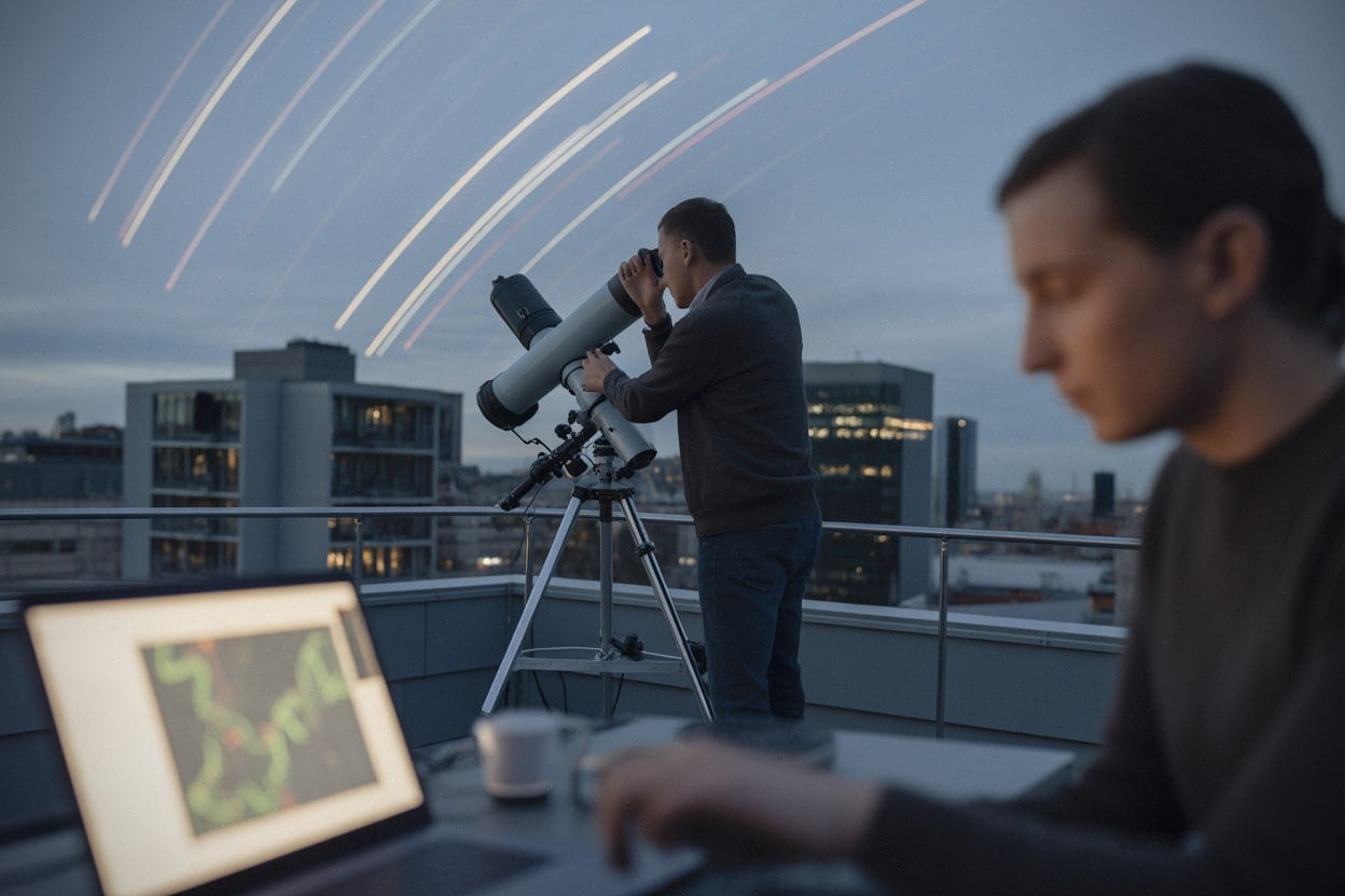 Astronome observant des satellites et la pollution lumineuse nocturne