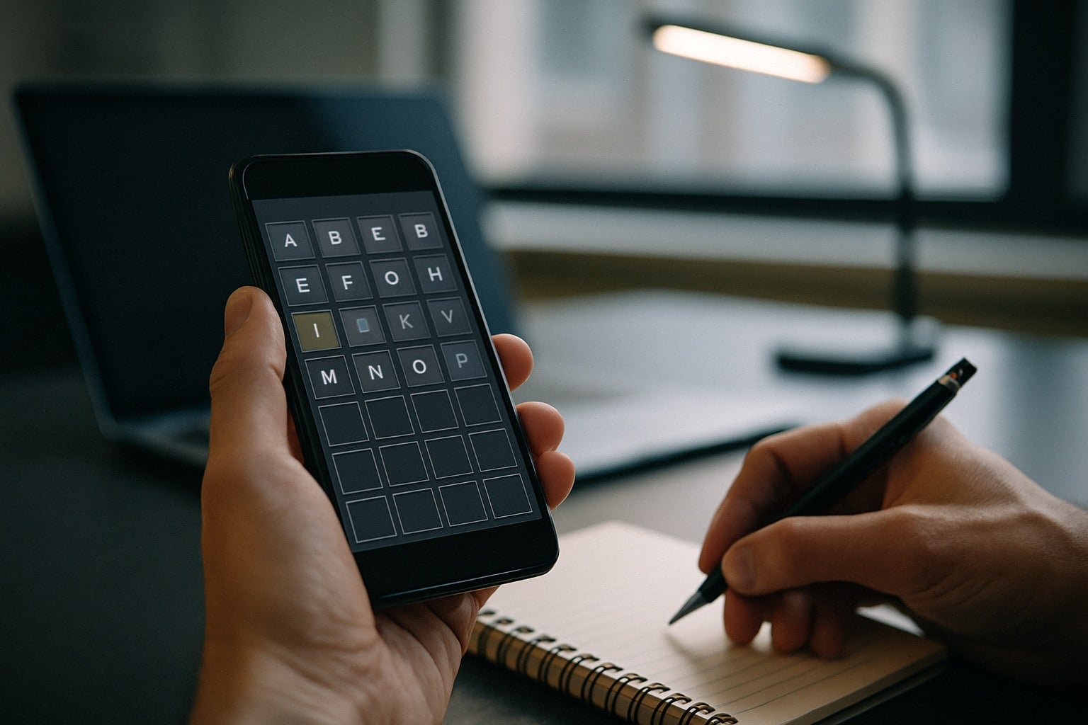 Joueur résolvant NYT Strands sur smartphone, grille de lettres floutée