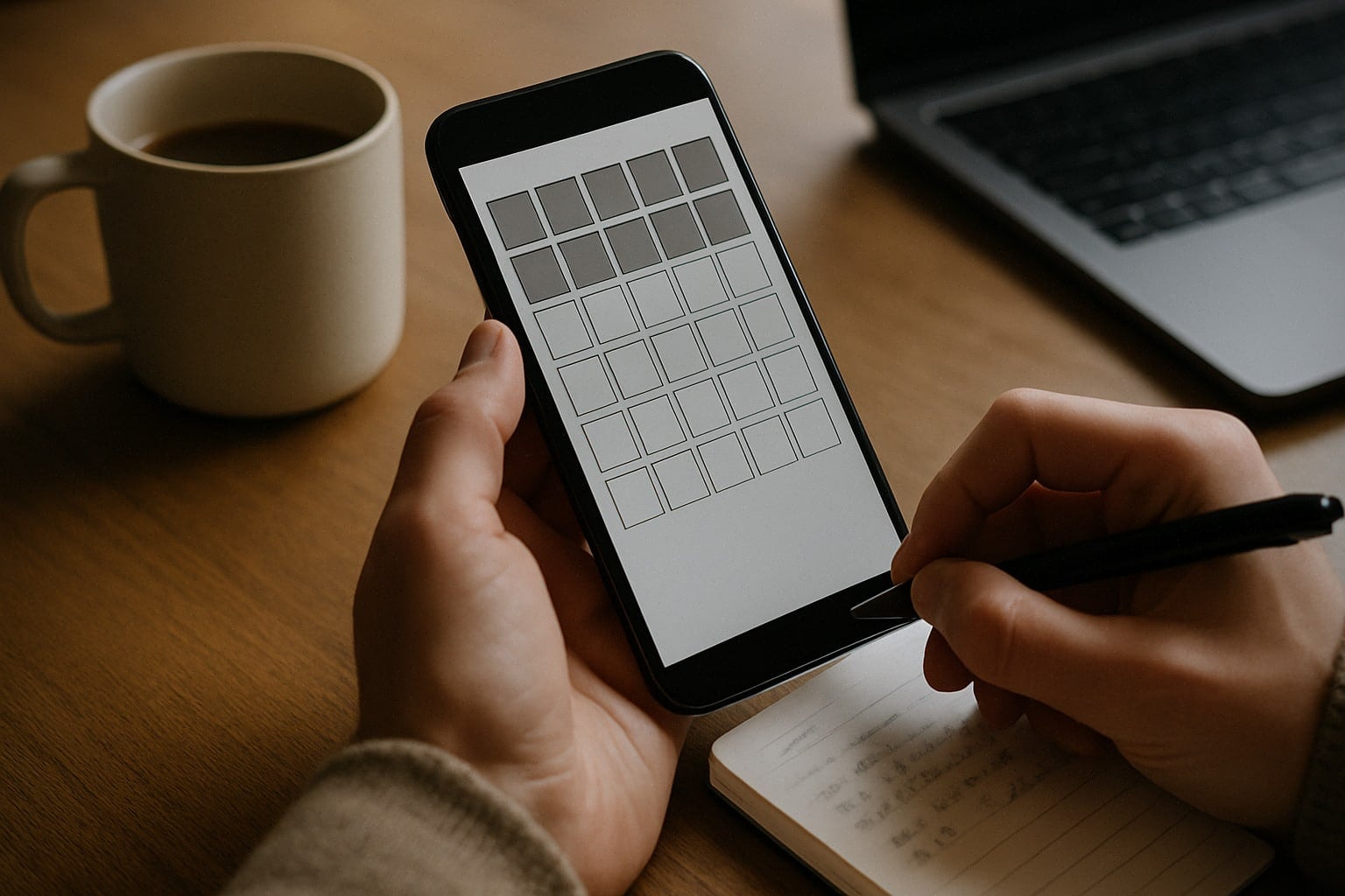Joueur résolvant Quordle sur smartphone, notes et stratégie de lettres