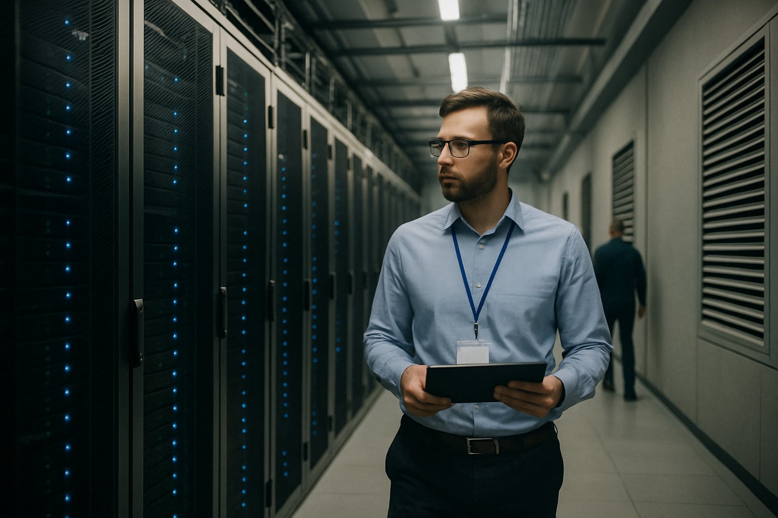 Technicien dans un data center, investissements IA et serveurs en perspective