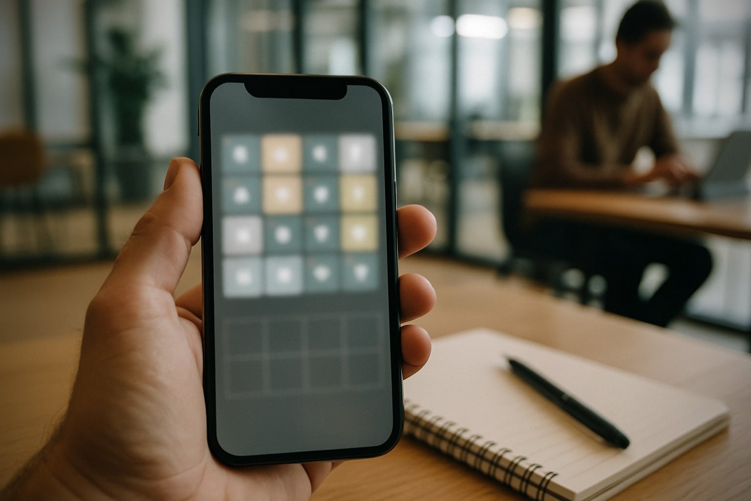 Joueur sur smartphone résolvant Quordle, interface floutée en arrière-plan moderne