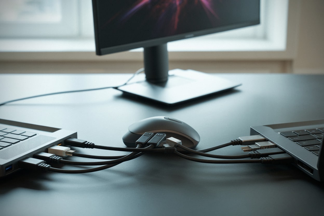 Connectique latérale et câbles sur PC portable gaming 16 pouces