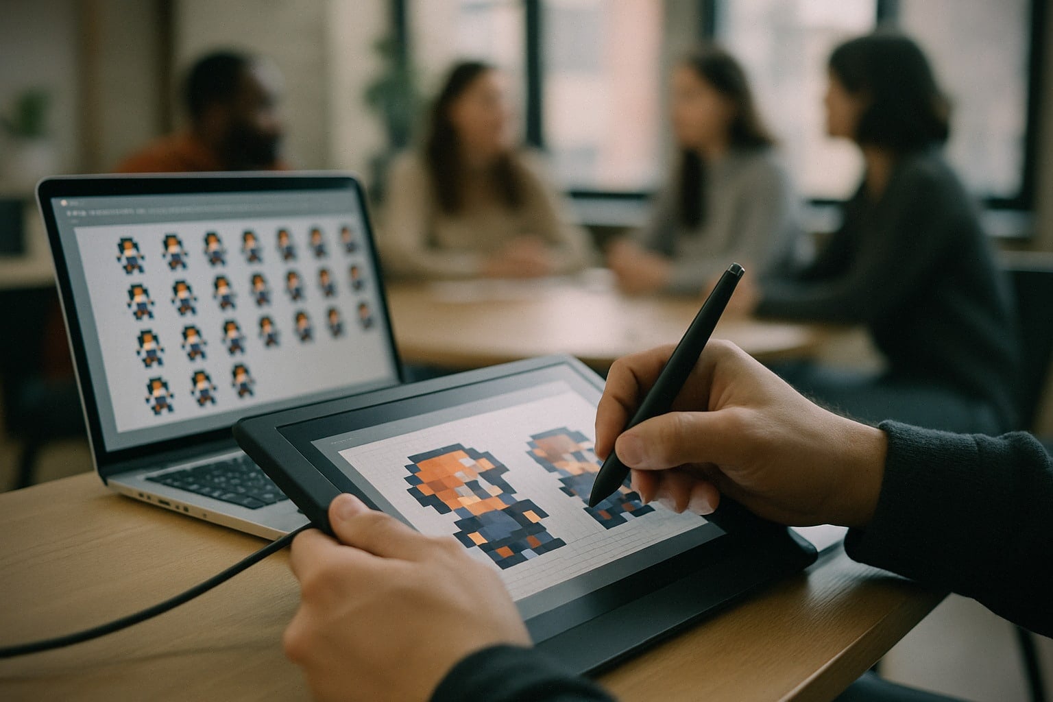 Création artisanale de pixel art sur tablette graphique en studio
