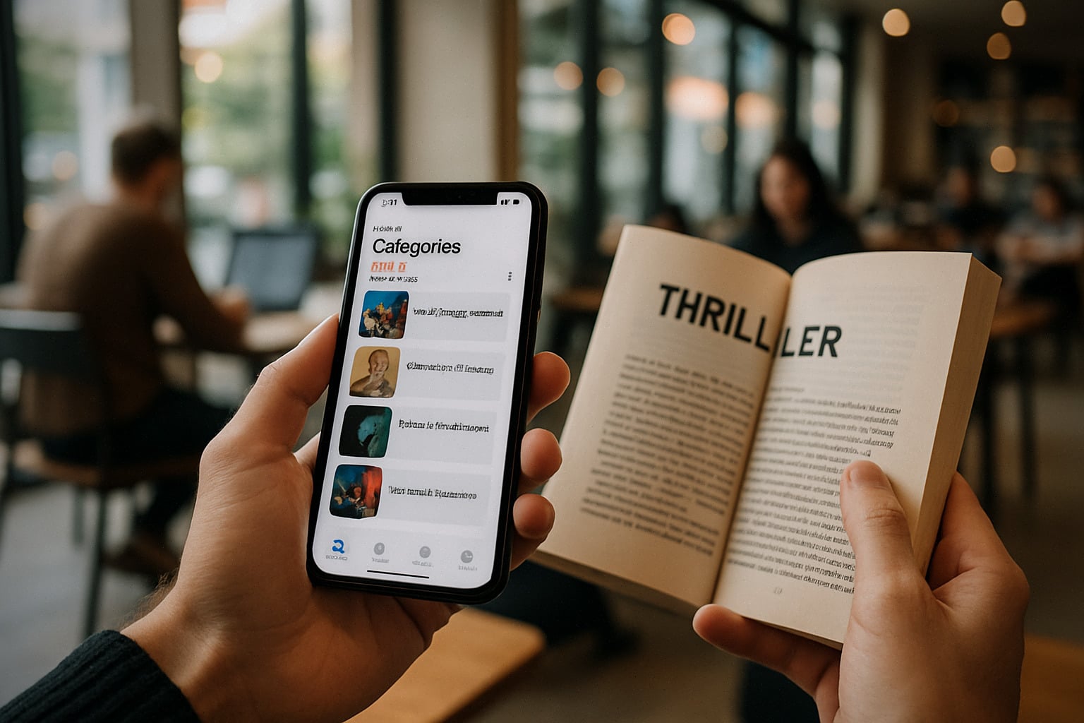Lecteur consultant un classement livres sur smartphone, thriller en main