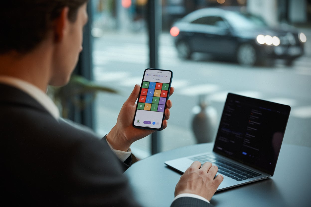 Grille NYT Connections sur smartphone, joueur en café contemporain