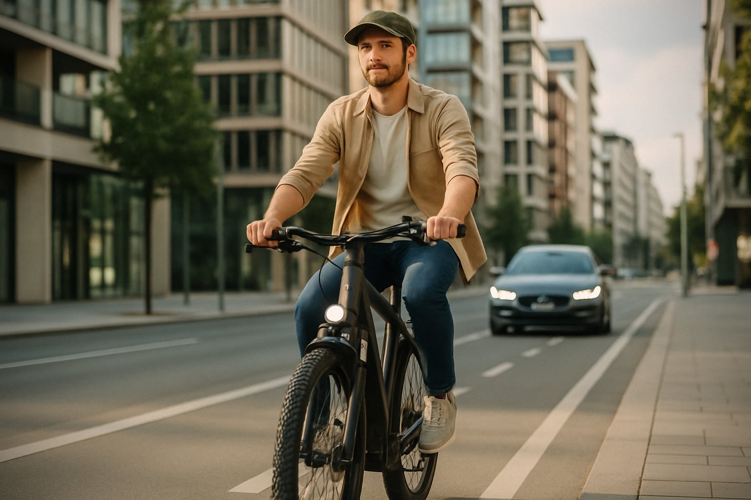 Cycliste sur vélo électrique en ville, position droite et pneus larges.