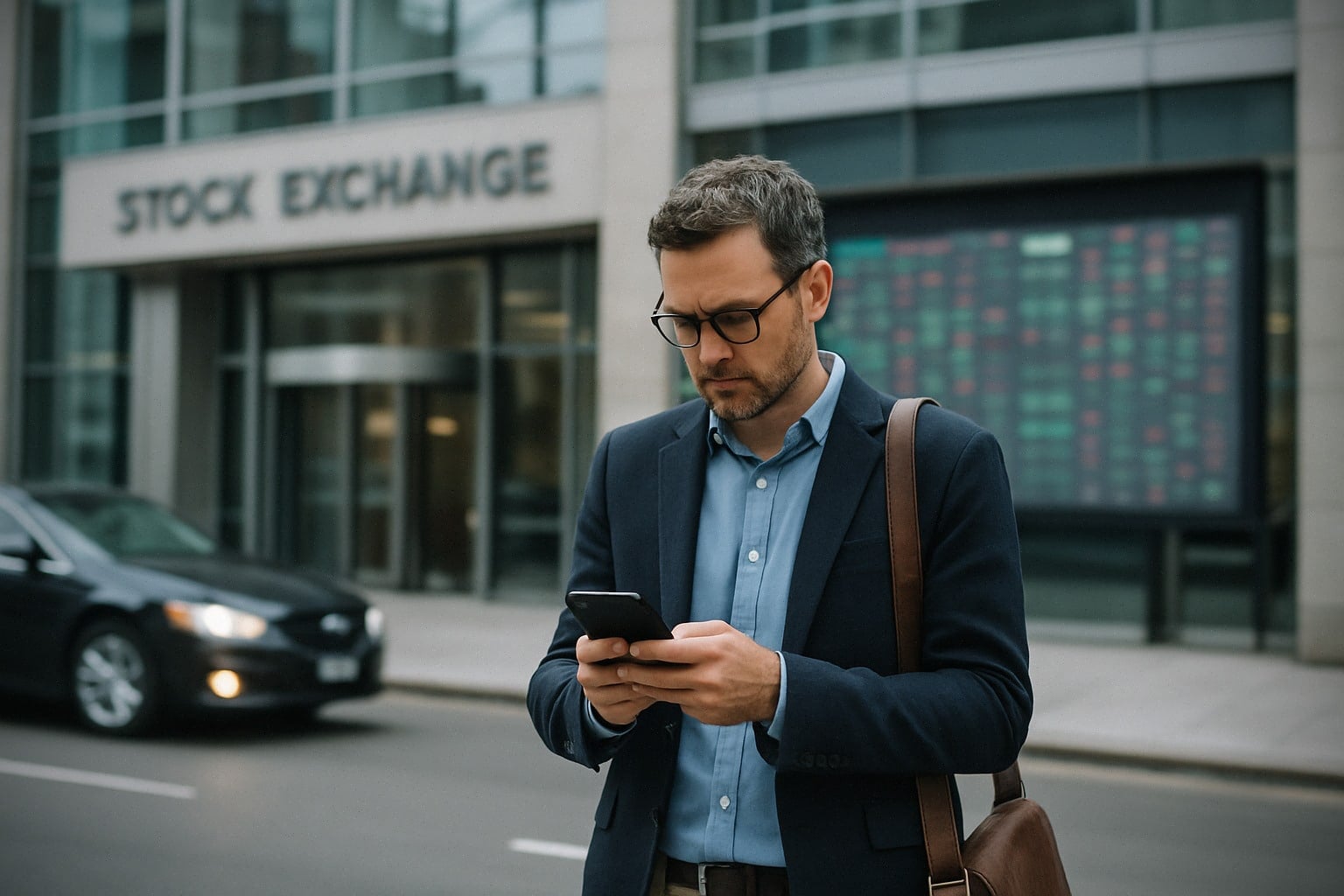 Investisseur consultant son téléphone, marchés actions Apple et Nvidia en arrière-plan