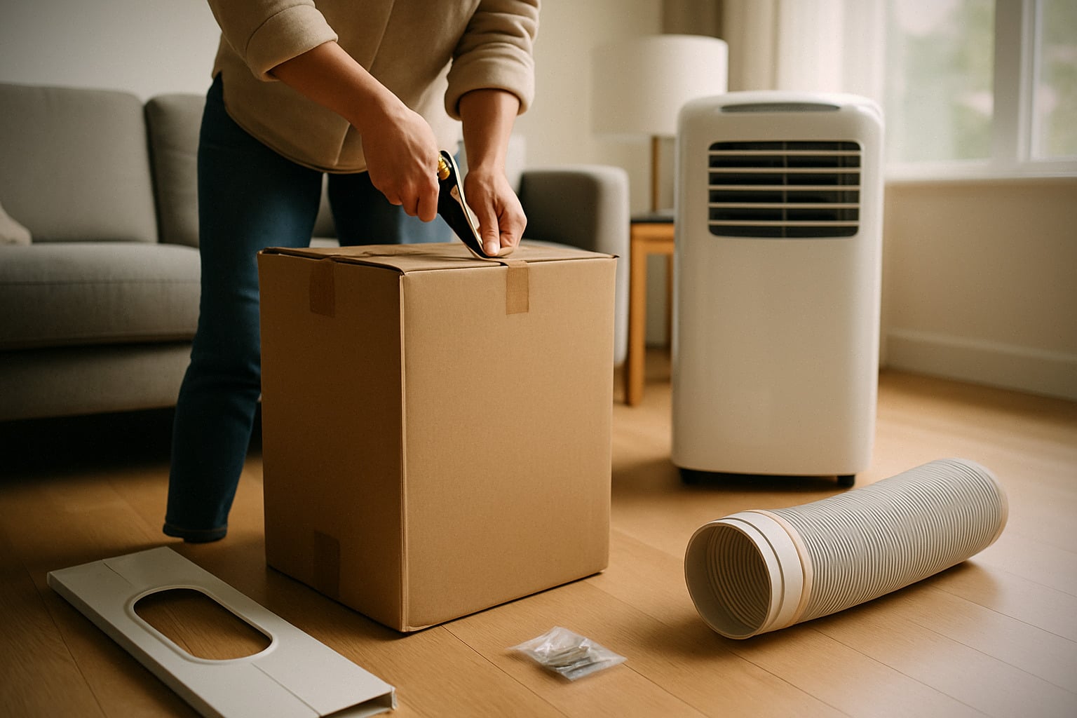 Déballage d’un climatiseur mobile avec kit fenêtre et gaine d’évacuation